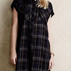 Anthropologie Holding Horses Green & black plaid Buttondown shirt dress Small P